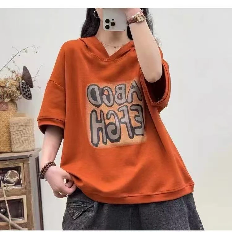 连帽短袖T恤女2025夏季字母印花套头T恤韩版宽松减龄百搭上衣潮