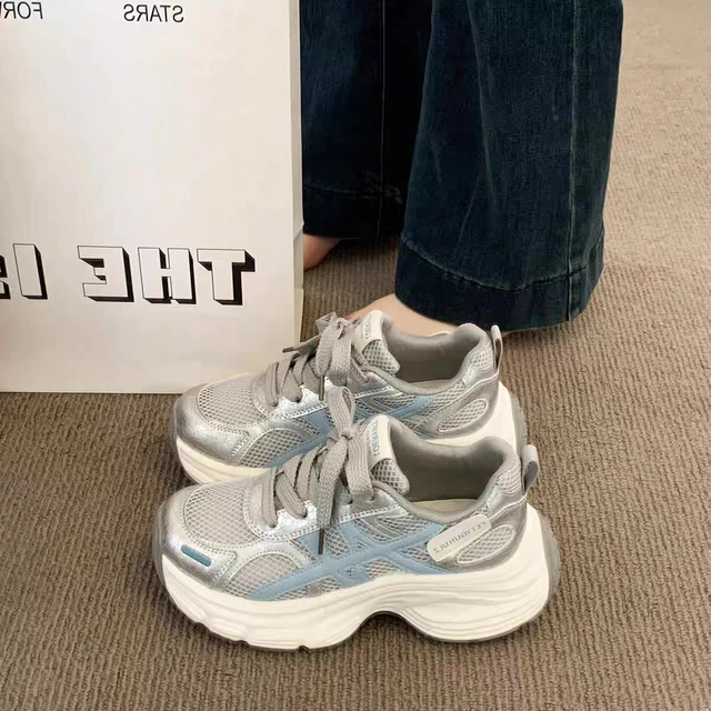 【万达撤柜】厚底银色老爹鞋女2025新款夏季薄款网面透气休闲百搭