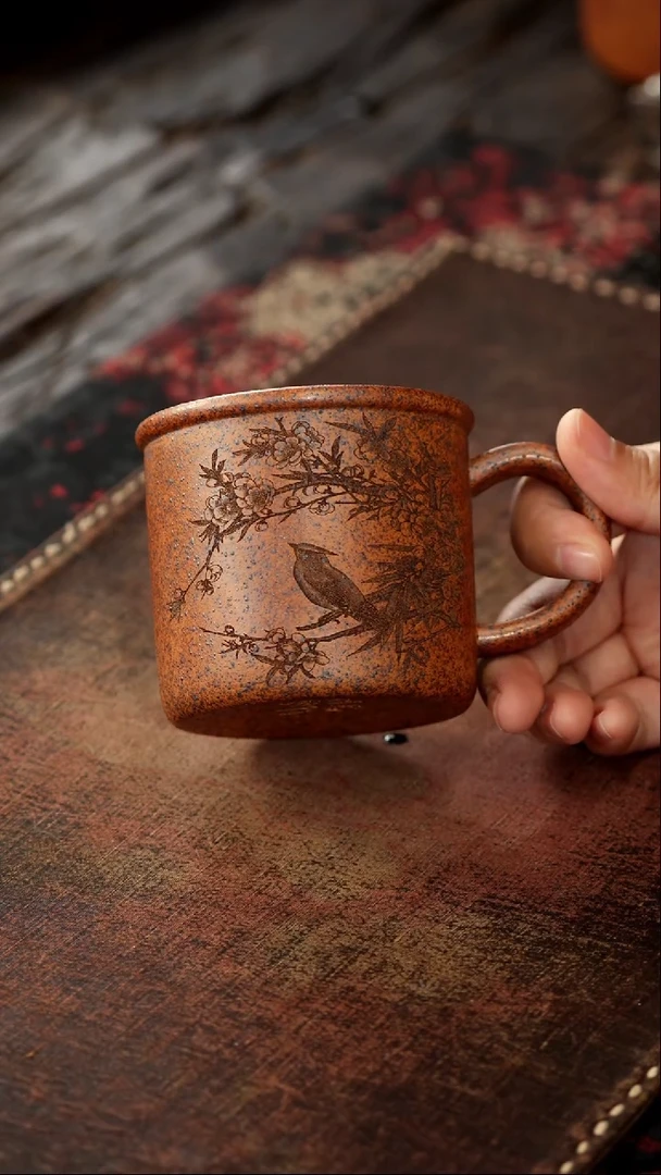 茶杯紫砂福利紫砂梅鸟手把