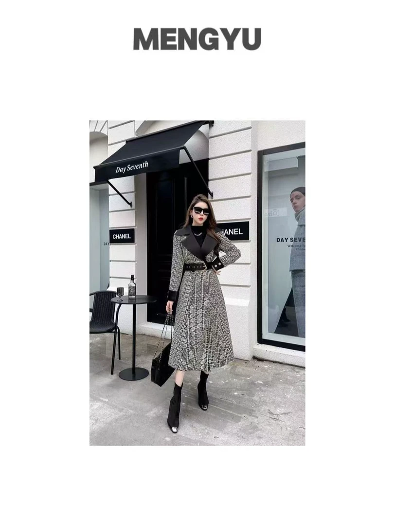 香家拼接长袖长款风衣网红气质显瘦洋气小香风时尚复古韩版