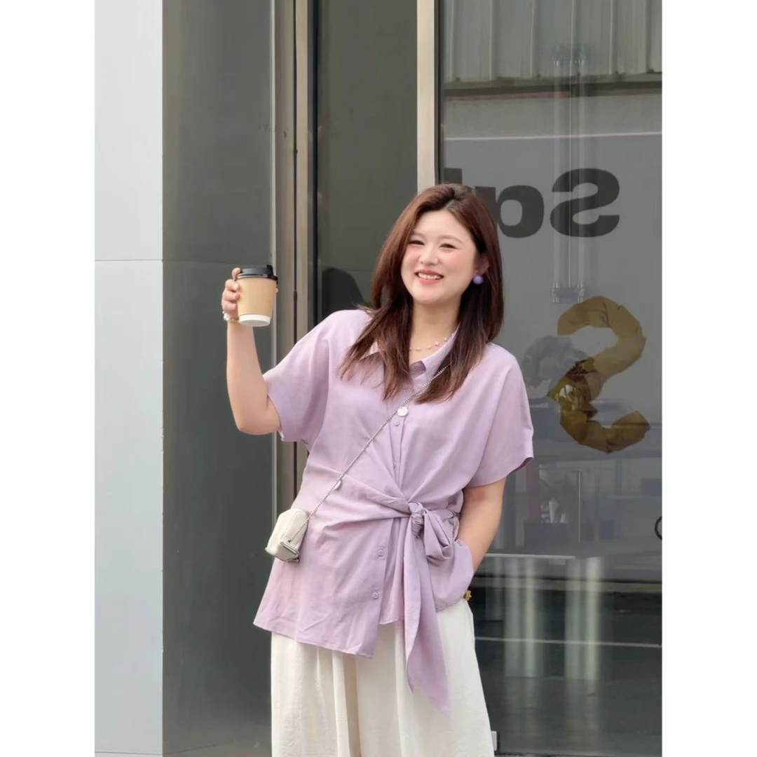 晶咕佳佳【丁香风铃】飘带堆叠感轻薄短袖衬衫显瘦气质百搭夏季