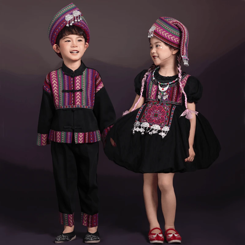 儿童广西壮族三月三男女童传统刺绣连衣裙幼儿园表演服壮锦演出服