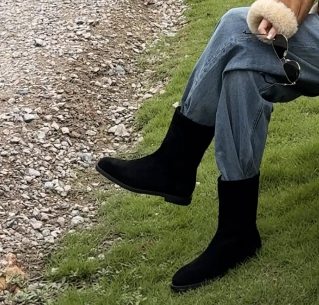 王嬛嬛MsLime25年新款羊反毛鞋面黑色靴子 HD2C0680