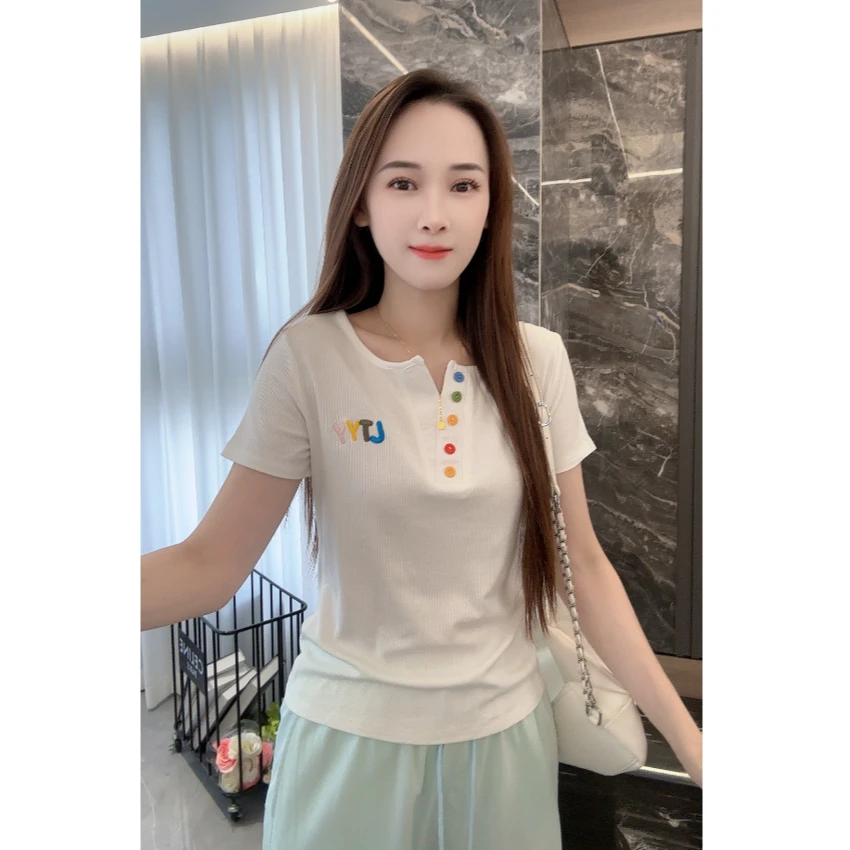 【米大方•自制】V领彩色纽扣短袖T恤上衣.892-LL