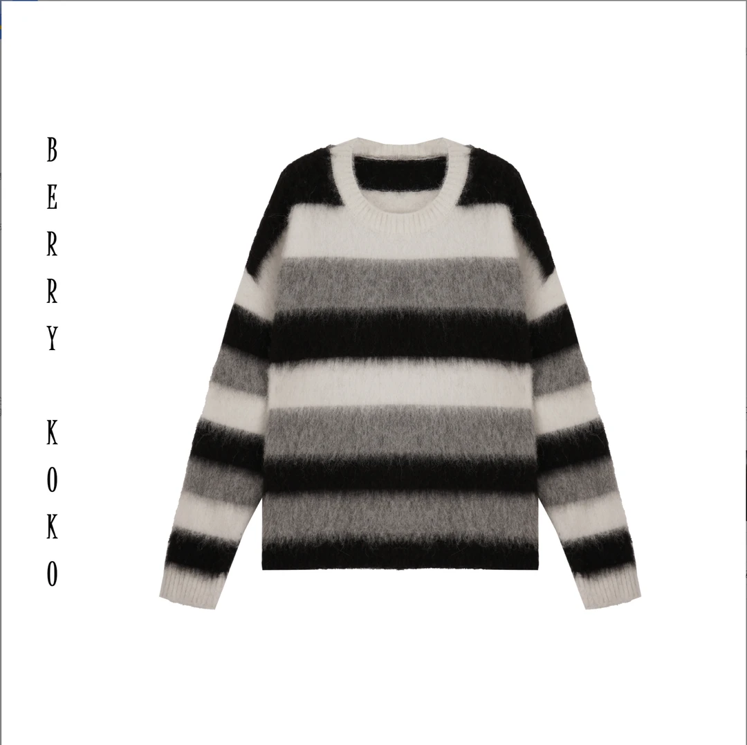 【绵羊毛】秋冬季新款软糯高级宽松慵懒网红黑白条纹时尚套头Y01