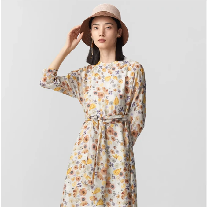 夏日花卉蝙蝠袖数码桑蚕丝连衣裙本布腰带HS21L03955