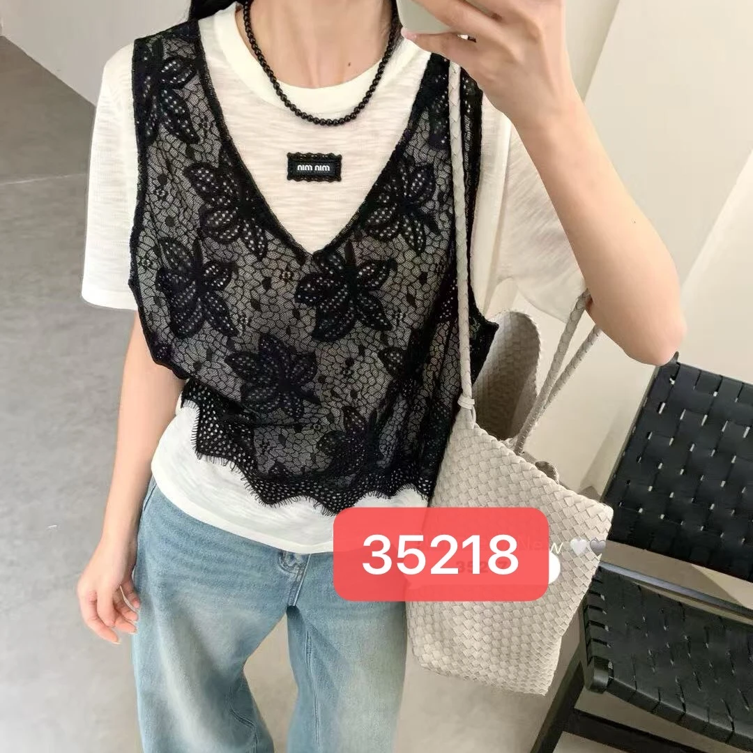 [ W i F i ]35218 35217夏季假两件蕾丝抽绳短袖小衫宽松个性上衣