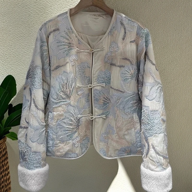 重工钉珠刺绣外套女新中式盘扣毛毛袖口外套冬季新款防寒服上衣