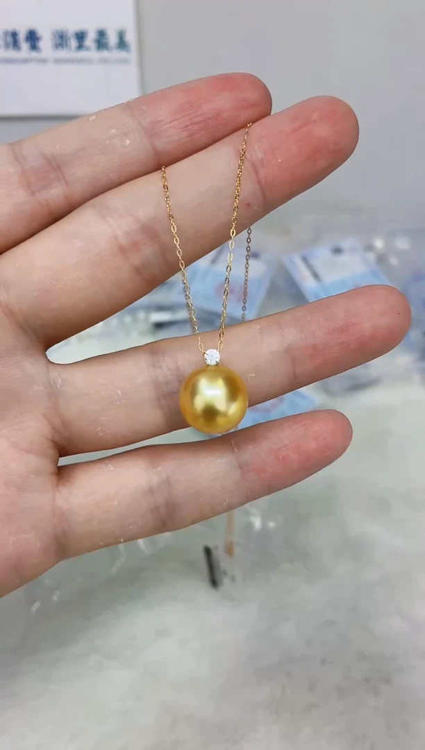 18K金镶嵌DA海水珍珠金珠吊坠13-14 y644