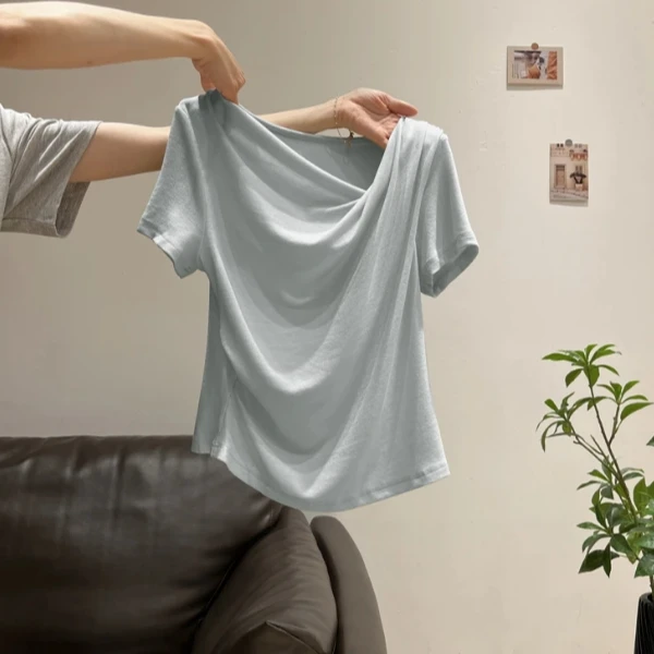 【下单立送6-8米运费补贴】韩系斜肩领短袖T恤夏季褶皱显瘦纯色上衣