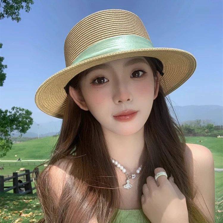 赫本风法式平顶草帽女夏季大帽檐遮阳防晒帽海边度假沙滩太阳帽子