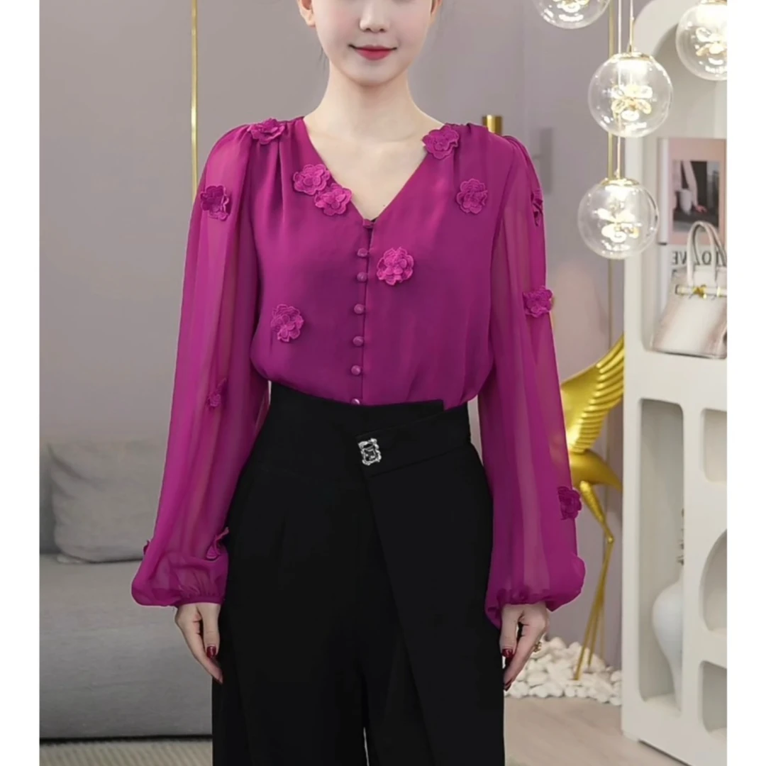 现货2025春季新款【ZM23-X98】气质轻奢小众紫色显瘦两件套衬衫上衣