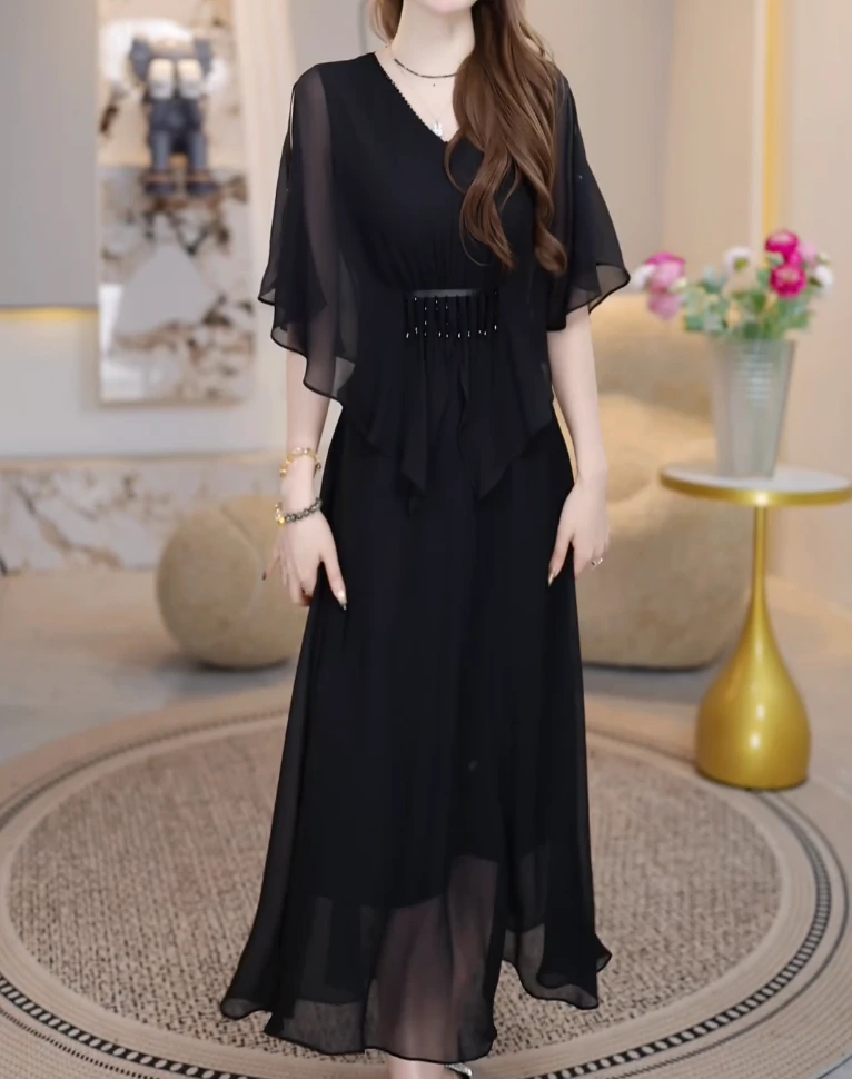 【蝶舞翩跹】V领连衣裙夏季2025年新款收腰显瘦气质高端上档次A字裙