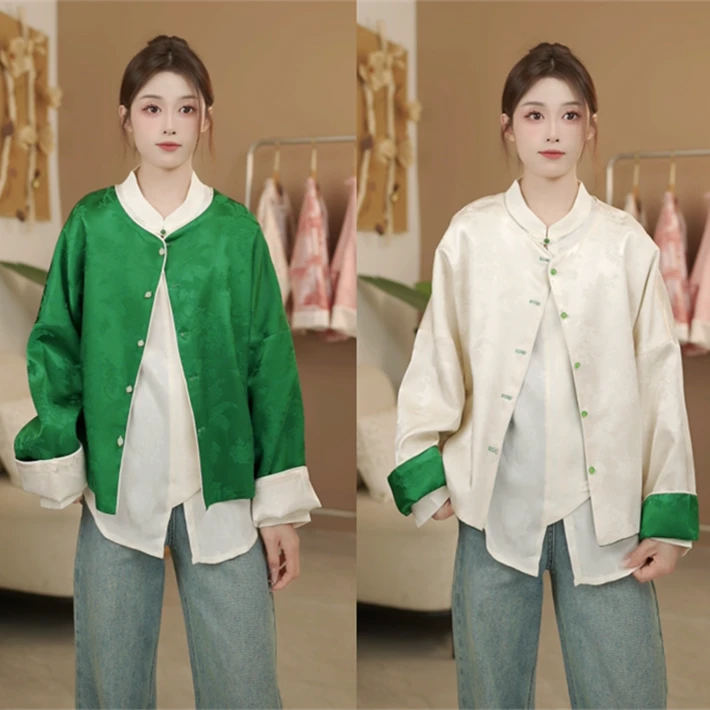 【瑾汐】两面穿春季新中式国风外套女高级感宽松复古盘扣上衣短外套