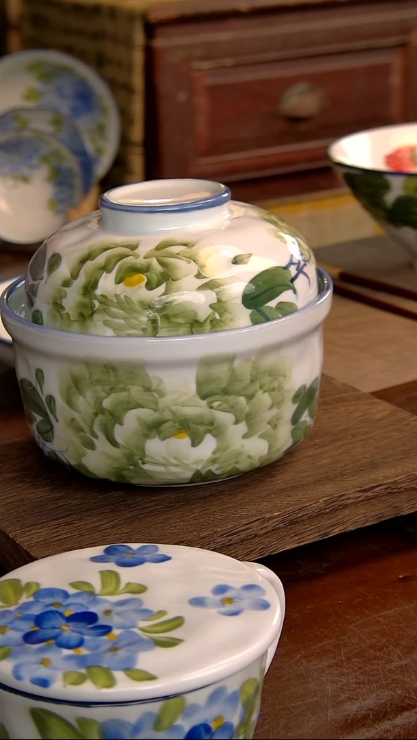 瓷片高白800ml-锤纹炖盅-绿牡丹