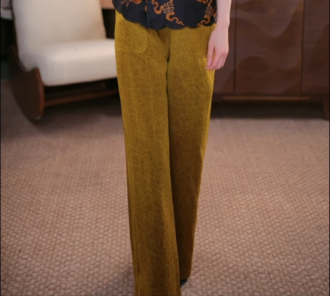 【夕熙】金锻龟裂纹裤子阔腿裤桑蚕丝新中式时尚百搭长筒裤