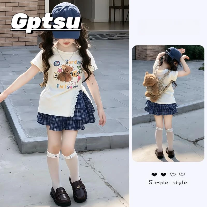 GPTSu女童独特漂亮小套装格子蛋糕裙子夏季2025新款儿童夏装韩系