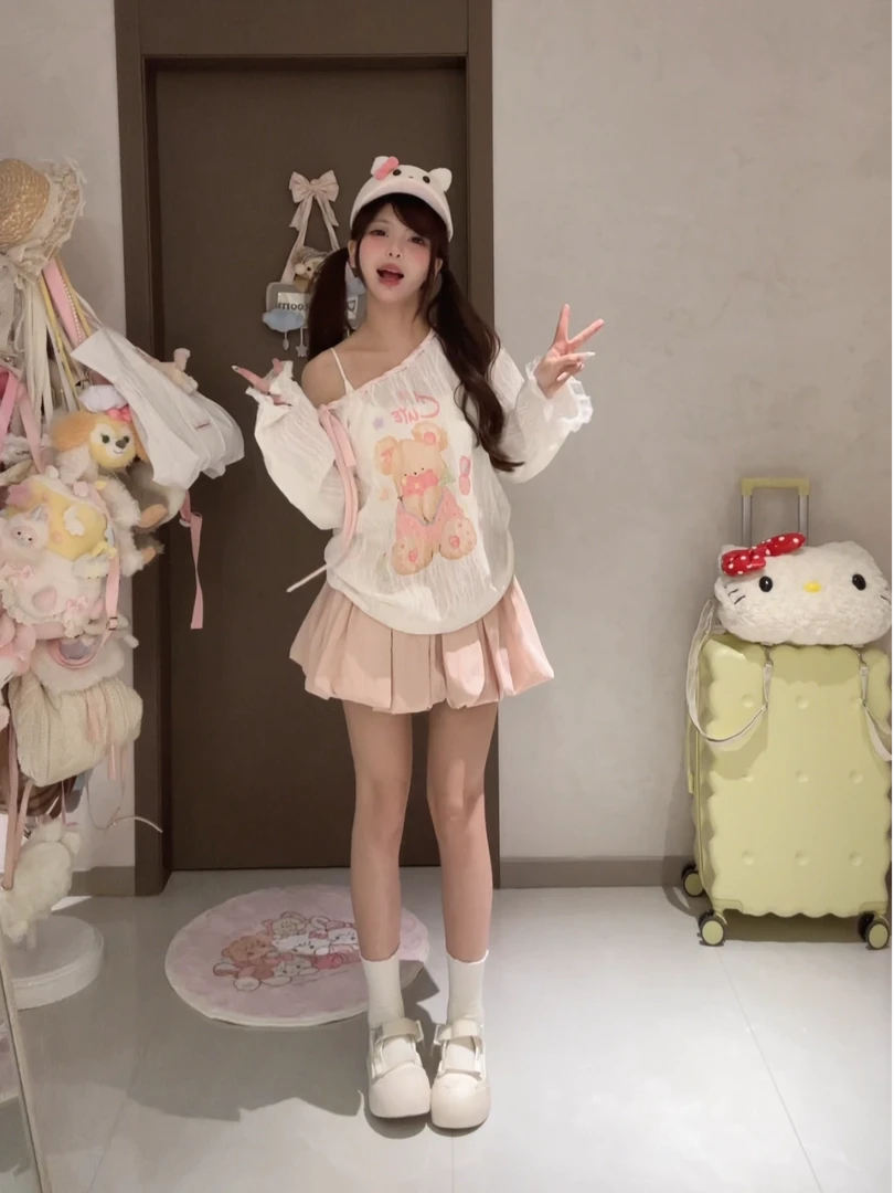 「小鸟自制」“小熊缎带盒”甜妹夏日绑带斜肩罩衫～甜美蕾丝花边