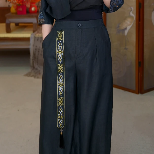 田新家100桑蚕丝 秋冬季新品重磅飘带刺绣香云纱裤腿裤(220307)