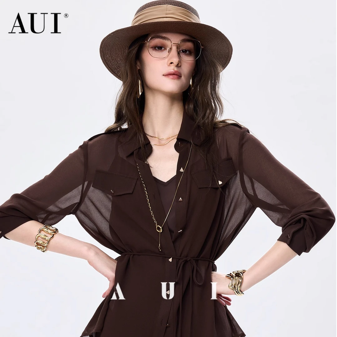 aui摩卡慕斯设计感长袖衬衫秋季女收腰小衫内搭吊带衬衣25X050044
