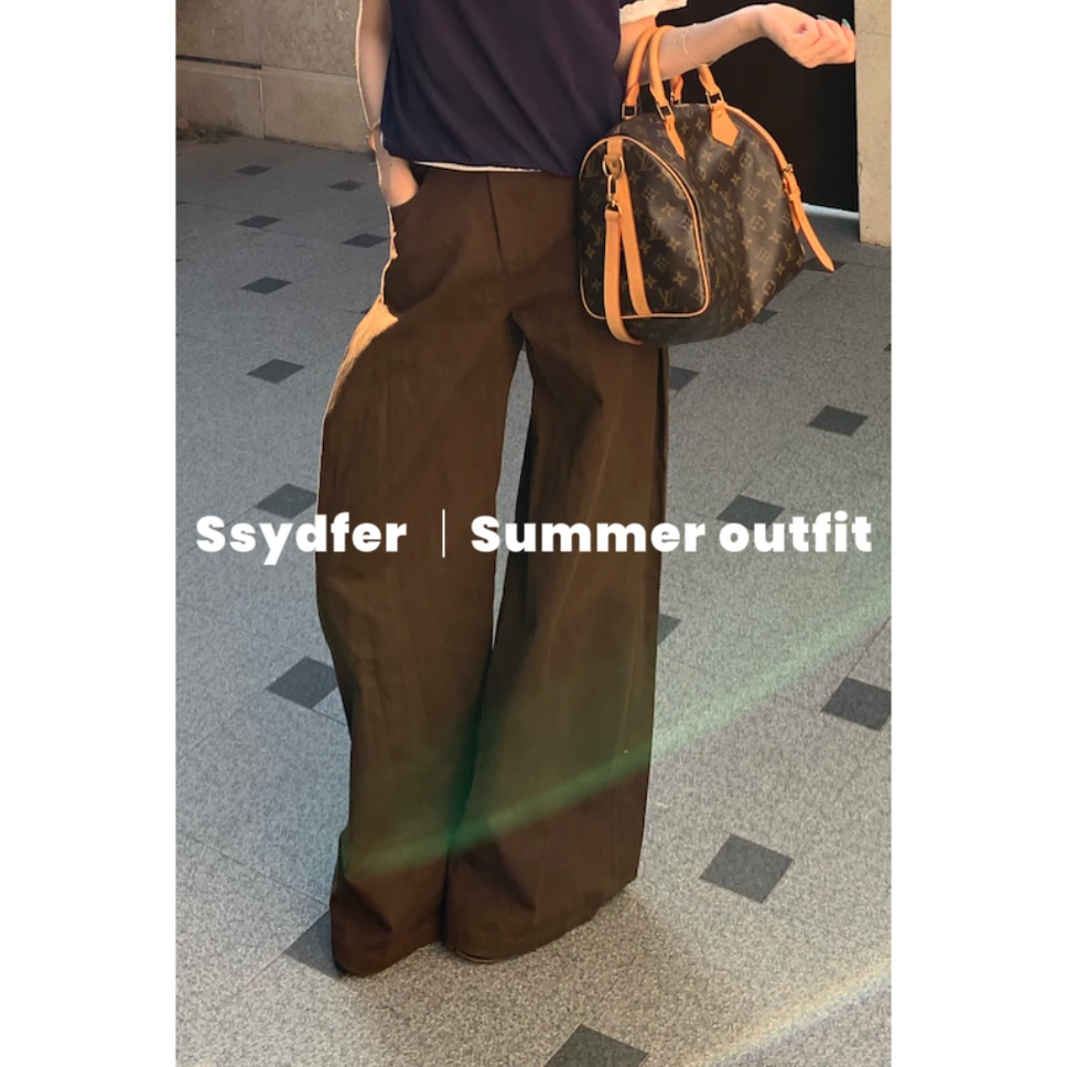 SSYDFER【惊讶】直筒宽松咖色阔腿侧褶A形设计感宽松显瘦休闲长裤