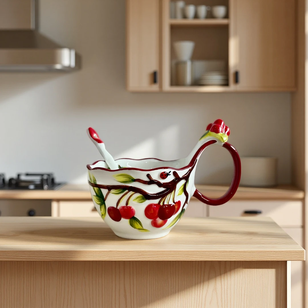 出口外单陶瓷樱桃曲把杯手绘浮雕釉下彩