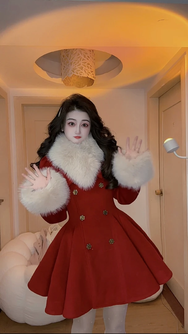 TIANSHA- 赫本序章 掐腰夹棉毛呢大衣富家千金加厚毛领呢子外套