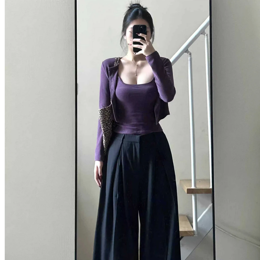 纯欲修身紫色吊带开衫女秋季2025新款内搭甜辣妹短款长