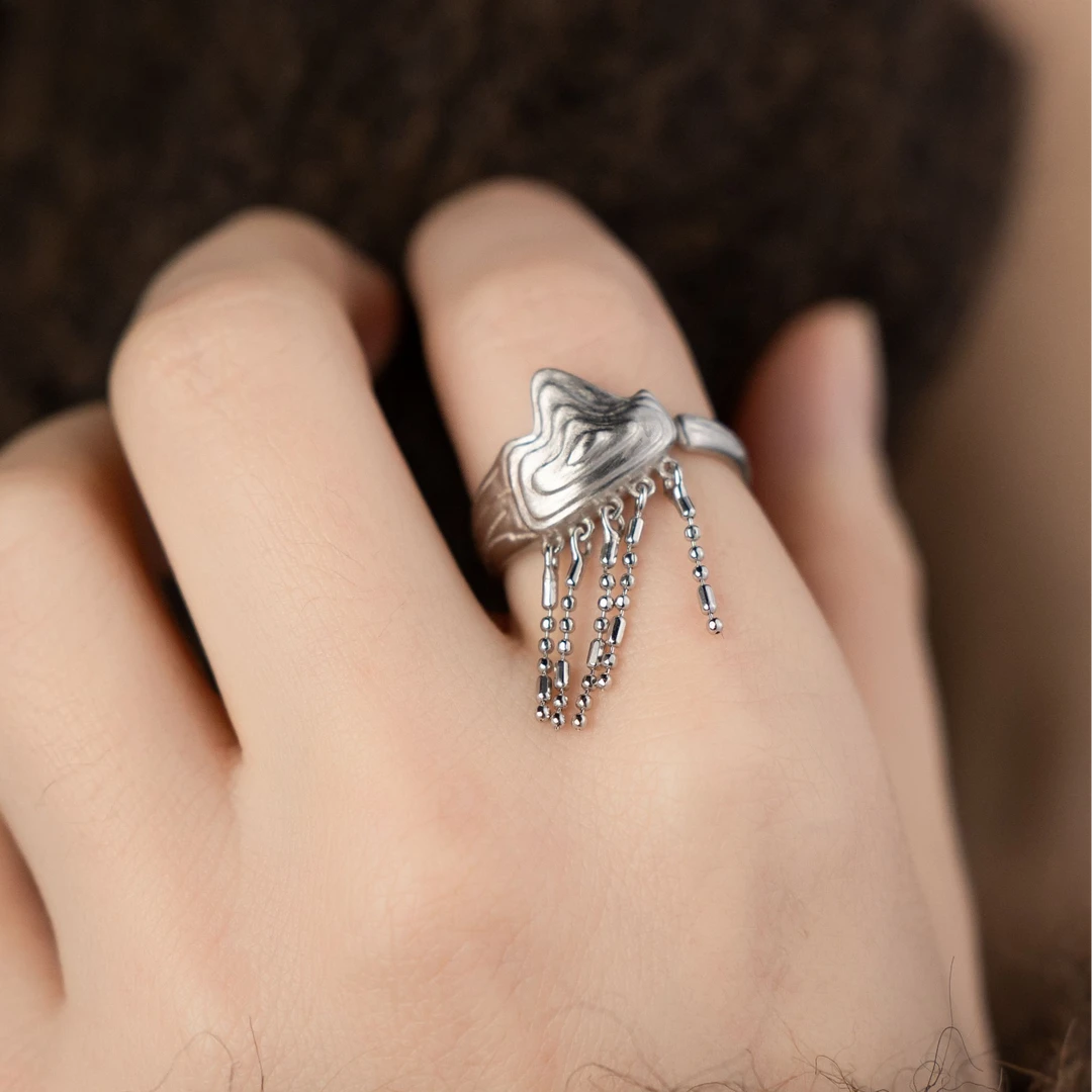 925银戒指 【山巾子·高山流水】原创古雅系列精工拉丝流苏戒指2111