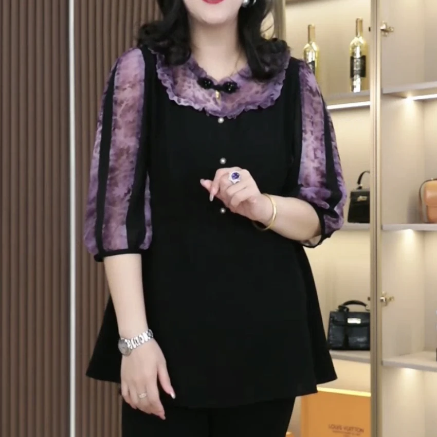 胖珍珍大码女装木耳花边短袖百搭宽松显瘦遮肉百搭上衣ZB6794