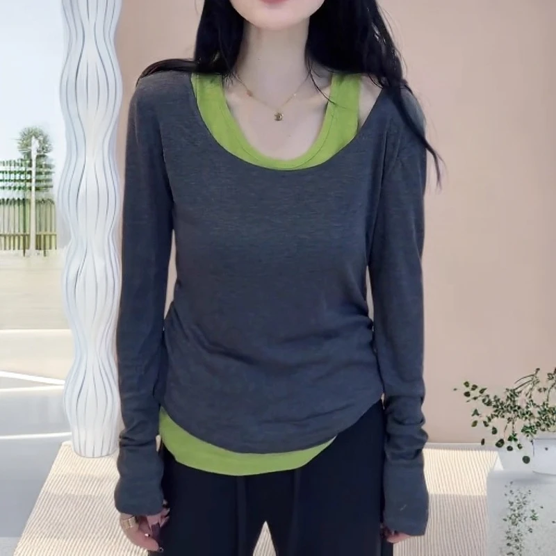 两件套长袖露肩T恤女秋季新款胖MM大码女装设计感显瘦打底衫上衣