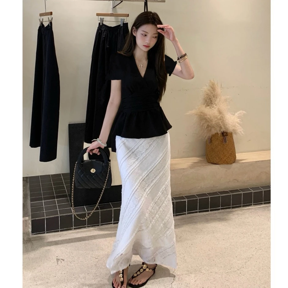 【朵拉】夏季大码女装中长款设计感抽绳短袖高腰显瘦裙裤两件套女