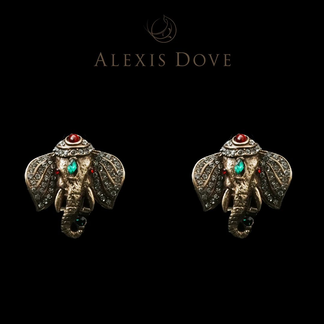 铜合金合成锆石耳饰 【乐亿】国风做旧可爱大象耳拍VI