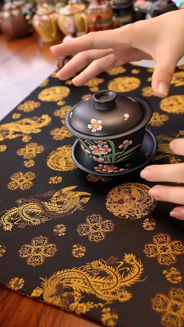 宜兴紫砂石黄三才盖碗