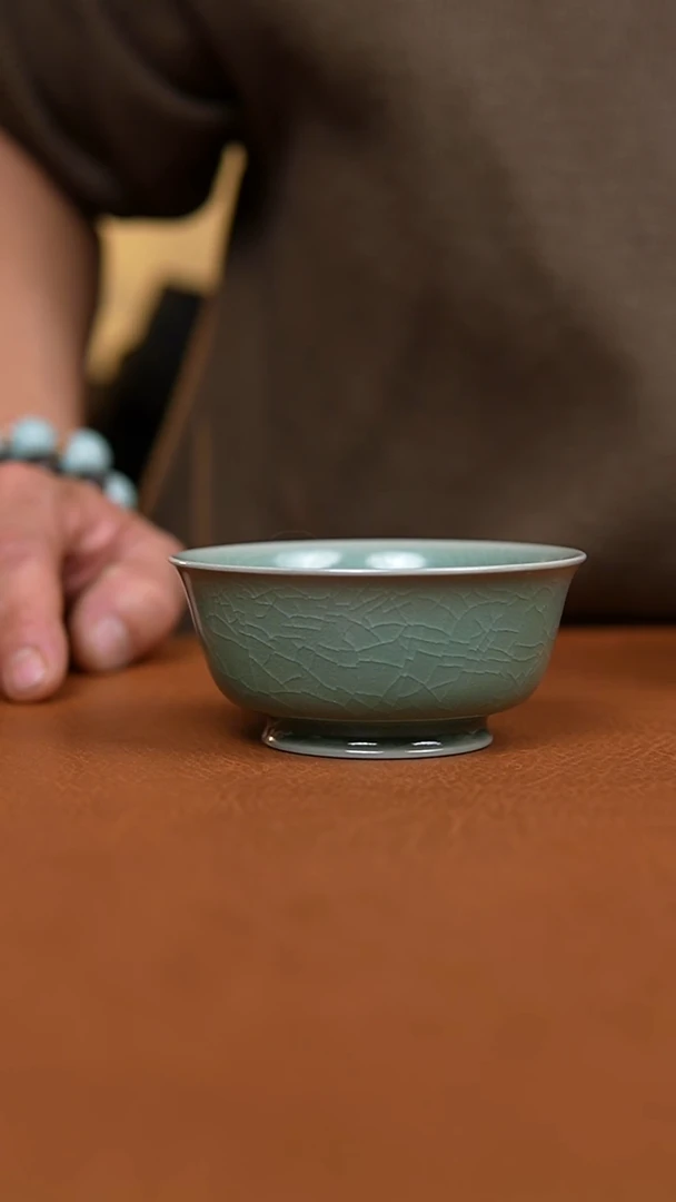 杯仿古翡翠绿纯手工薄胎卷足碗杯一级礼盒