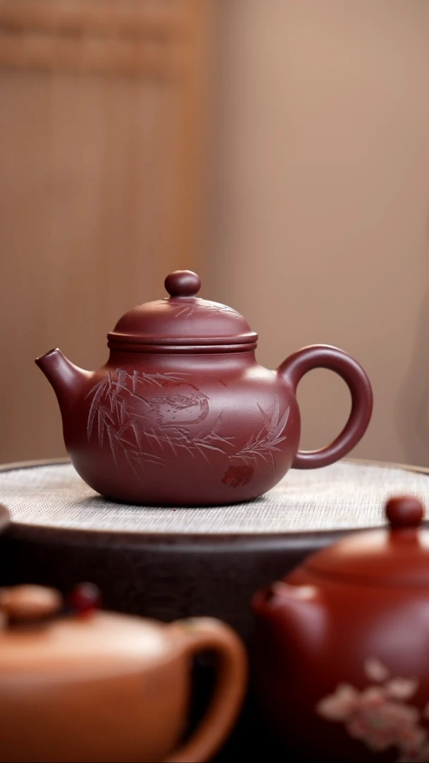 【闪购商品】紫砂茶壶龙血砂容天刻鸟