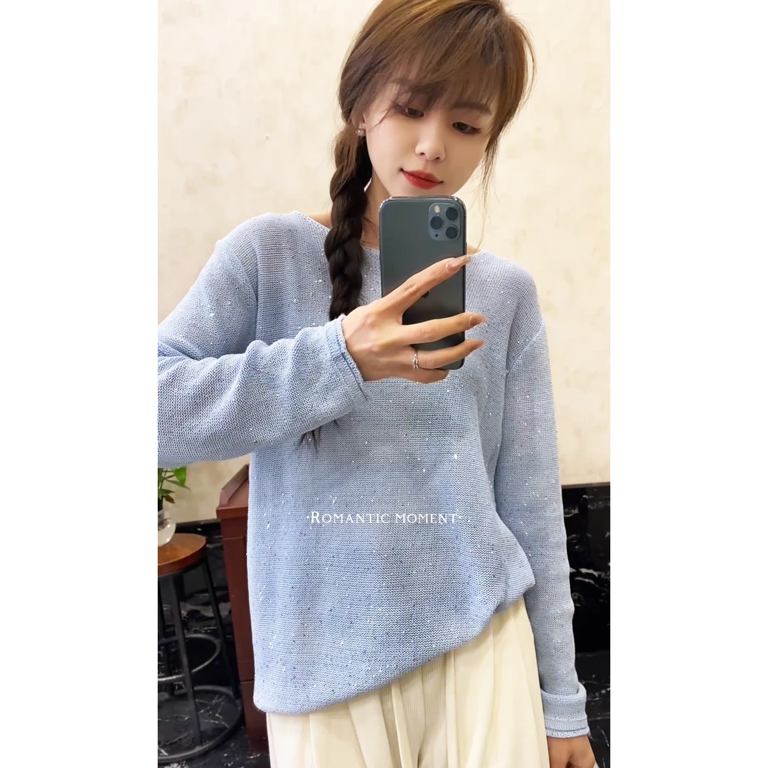 早春亮片和纸2025珠片一字领落肩袖净版针织衫H001