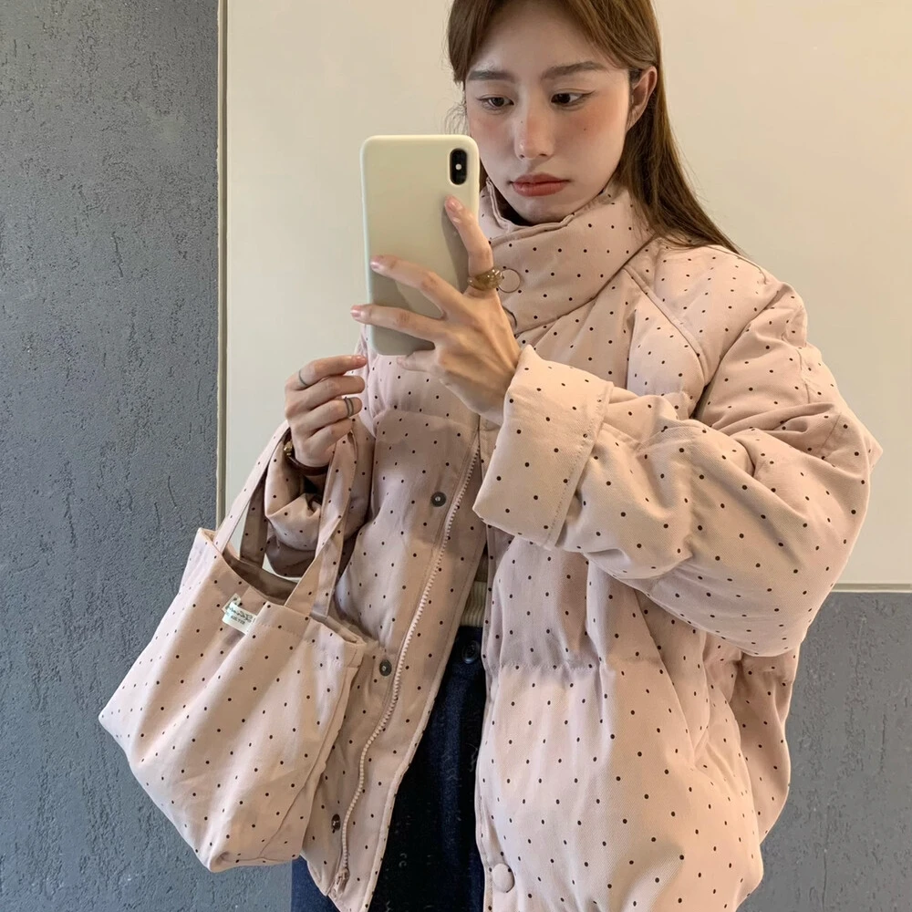 波点甜美风棉服女短款宽松2025冬季新款韩系设计感小个子棉衣