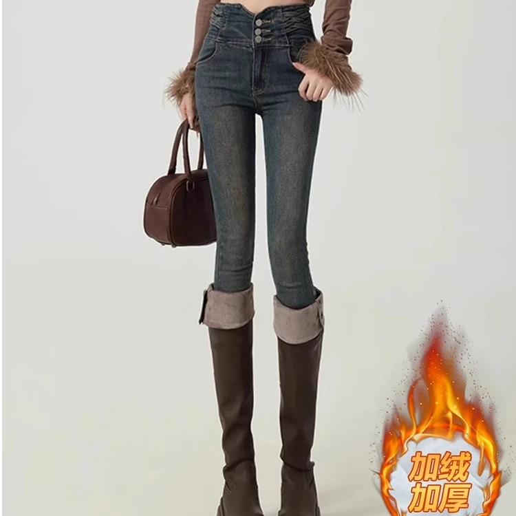 401·600高腰加绒牛仔裤女紧身裤弹力修身小脚铅笔靴子裤