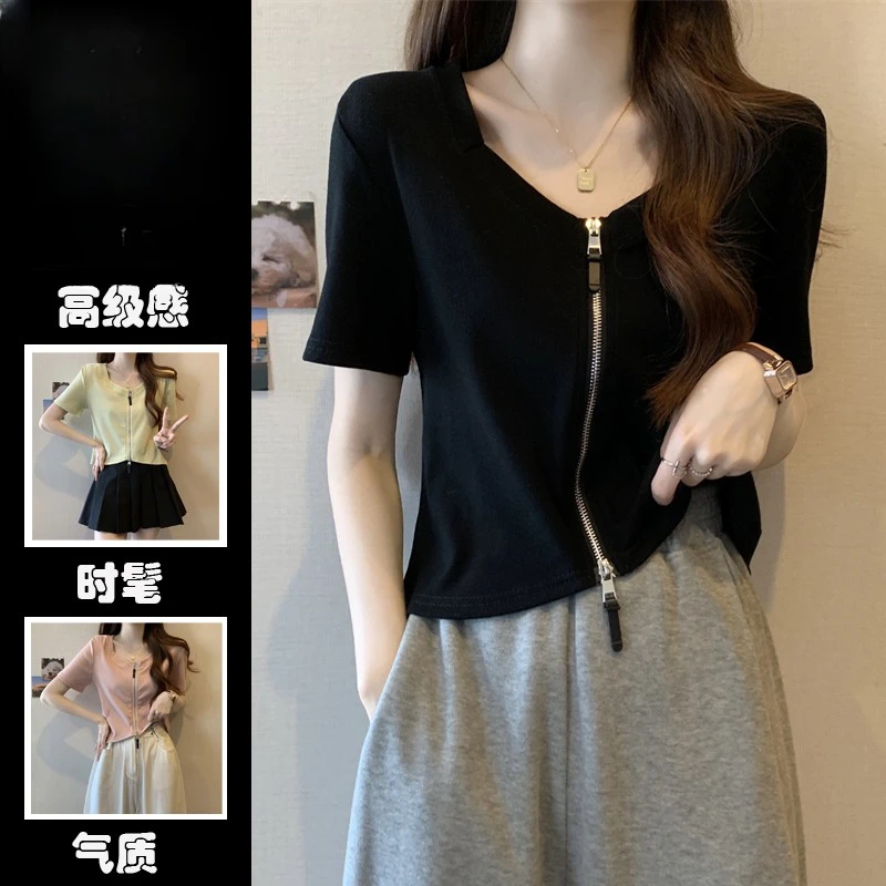 gpsunlu大码女装时尚设计感锁骨方领上夏季修身黑色女士短袖T恤