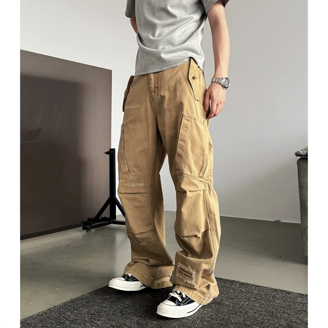 【重磅斜袋破坏】甄枚前复古重磅cleanfit斜袋美式直筒破坏牛仔裤