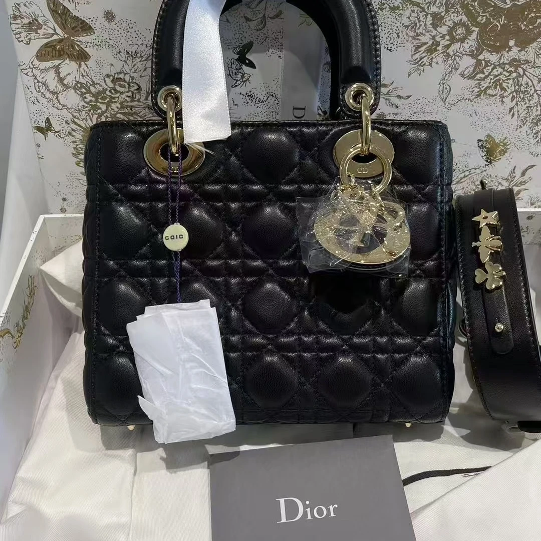 99新 DIOR/迪奥 【赫奢名品】黑金羊皮新款字母宽肩带四格戴妃包