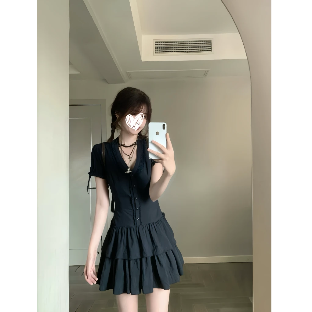 【夜海辰砂】中古蕾丝花边v领短袖连衣裙短款A字裙显瘦气质高腰裙子