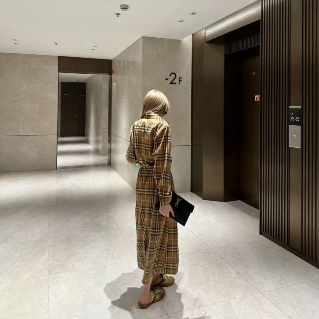 Mexican/稻草人格纹女装长裙裙时尚衬衫群夏V领格子长袖百搭