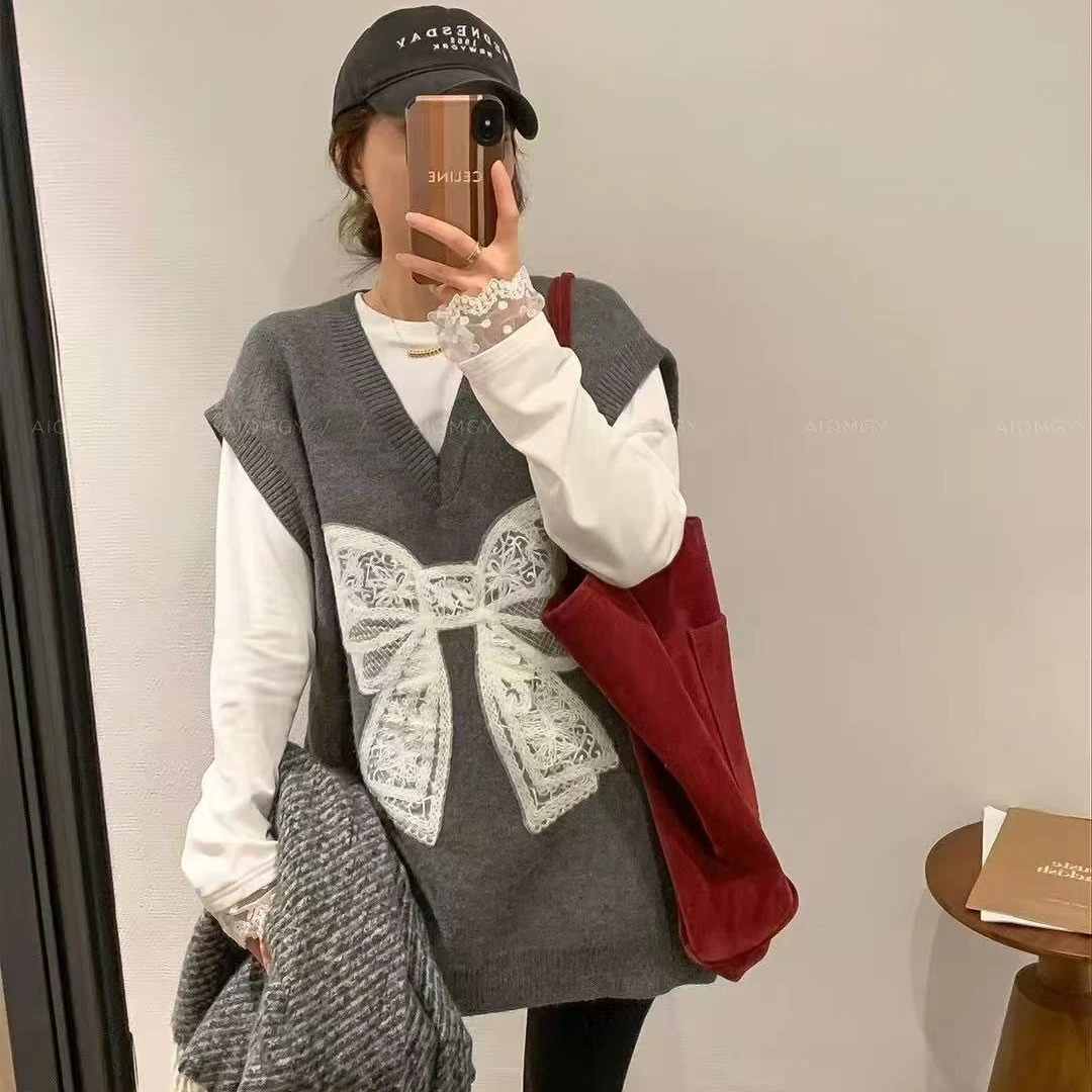 高级感蝴蝶结中长V领针织马甲