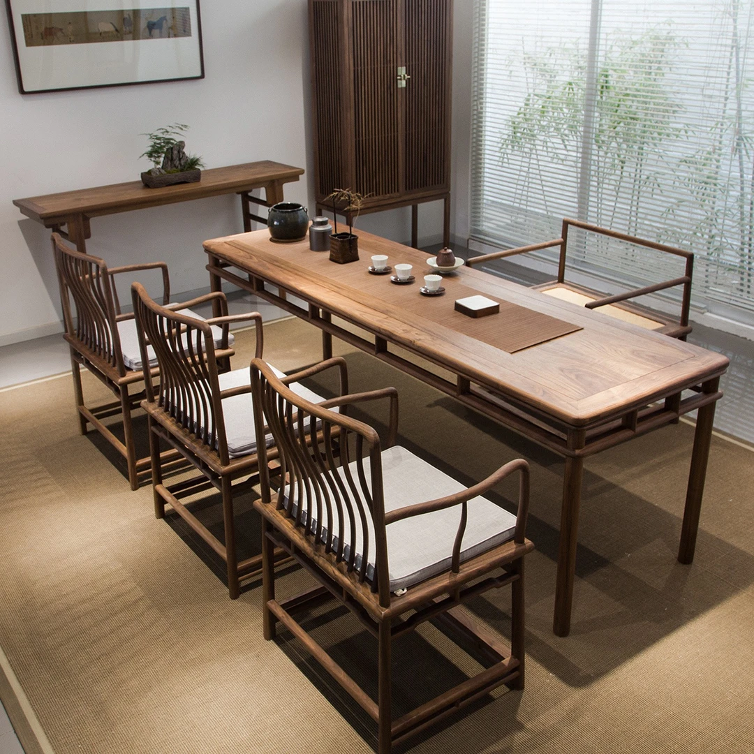 新中式实木茶桌椅组合一桌五椅老榆木茶台干泡台茶室书桌画案餐桌