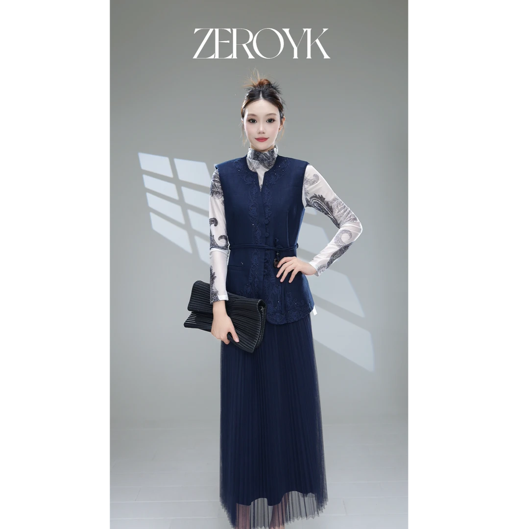 ZEROYK翎蔻 深圳南油秋季气质穿搭国风中式刺绣马甲仙女裙三件套