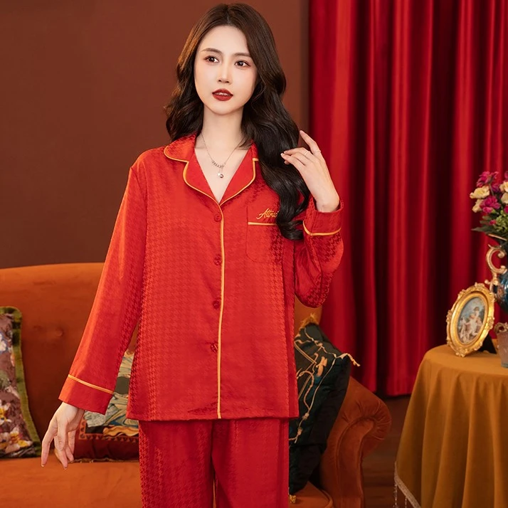 达芬奇密码情侣款红色简约千鸟格提花结婚本命年家居服睡衣套装