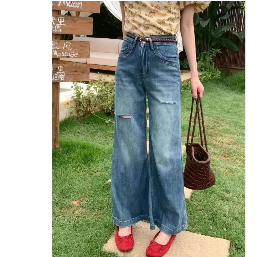 夏季新款四面弹微喇牛仔裤大码微胖mm高腰显瘦不贴腿破洞阔腿长裤