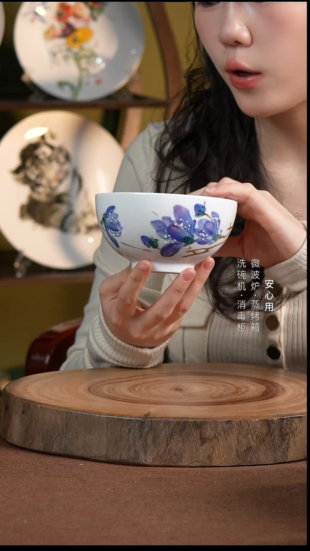 瓷景德镇高温手绘釉下彩5英寸奥碗玉兰花